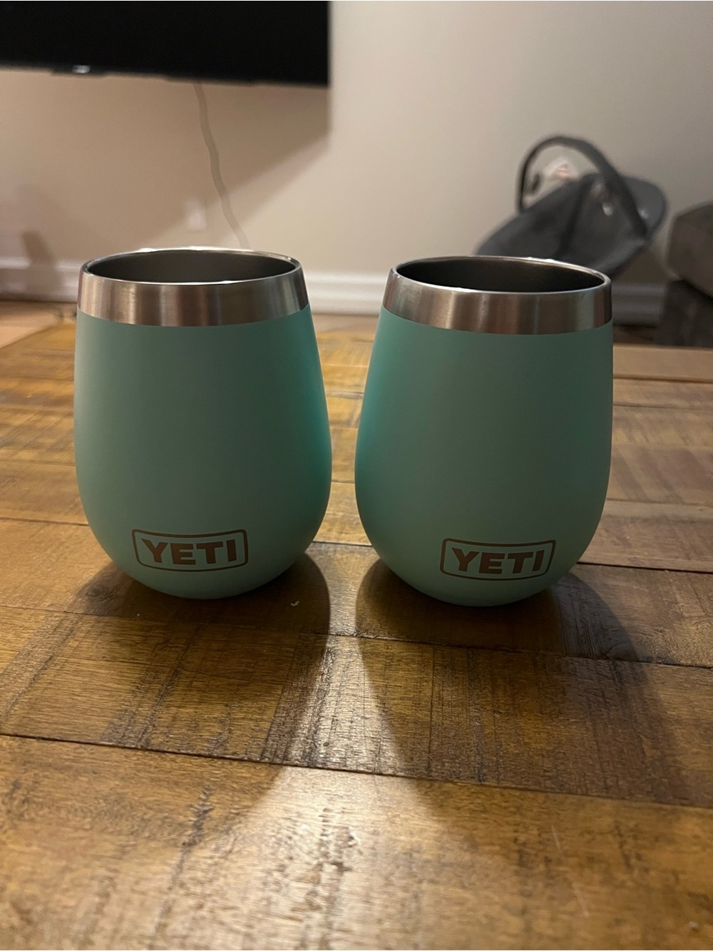 Yeti seafoam green stainless rim stemless tumblers - set of 2